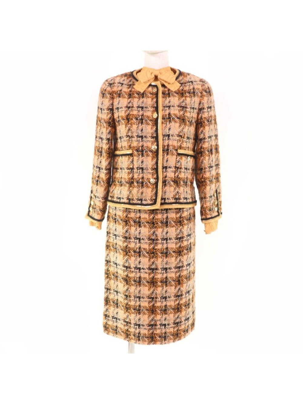 Chanel Vintage Tweed Jacket Long Sleeve Top Skirt 3 Set Brown